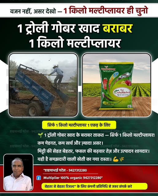 वज़न नहीं, असर देखो — 1 किलो मल्टीप्लायर ही चुनो! अब भारी-भरकम गोबर ढोने की ज़रूरत नहीं ❌ 1 ट्रॉली गोबर खाद के बराबर ताकत — सिर्फ 1 किलो मल्टीप्लायर में! 🌱 सिर्फ 1 किलो मल्टीप्लायर = 1 एकड़ खेत के लिए पर्याप्त ✔️ कम मेहनत ✔️ कम खर्च ✔️ ज़्यादा असर मिट्टी की सेहत बेहतर होती है, फसल की बढ़वार तेज होती है और उत्पादन मिलता है शानदार 💪🌾 👉 यही है समझदारी वाली खेती का नया रास्ता मल्टीप्लायर तकनीक — कम में ज़्यादा पाने की ताकत! 🚜✨ . . . .#मल्टीप्लायर #किसान #गेहूं #तरबूज #फूल #चना #कपास #मक्का #टमाटर #आलू #ऑर्गेनिक #गन्ना #प्याज #organic #farmers #अंगूर #grapes #multiplier #soil #मिट्टी #रासायनिक #केमिकल #farming #केला #सब्जियां